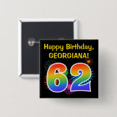 Badge Carré 5 Cm Fun Fireworks + Rainbow Motif "62" Anniversaire # (Devant & derrière)