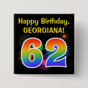 Badge Carré 5 Cm Fun Fireworks + Rainbow Motif "62" Anniversaire #