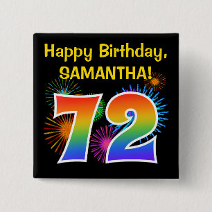 Badge Carré 5 Cm Fun Fireworks + Rainbow Motif "72" Anniversaire #
