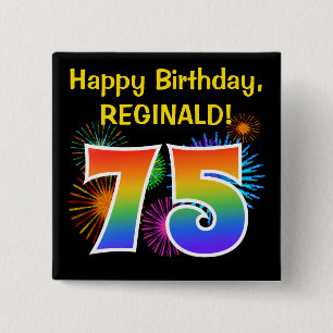 Badge Carré 5 Cm Fun Fireworks + Rainbow Motif "75" Anniversaire #