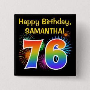 Badge Carré 5 Cm Fun Fireworks + Rainbow Motif "76" Anniversaire #