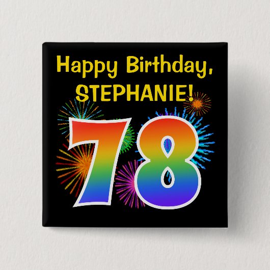 Badge Carré 5 Cm Fun Fireworks + Rainbow Motif "78" Anniversaire # (Devant)