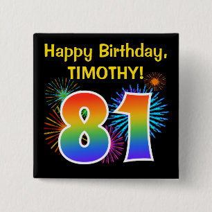 Badge Carré 5 Cm Fun Fireworks + Rainbow Motif "81" Anniversaire #