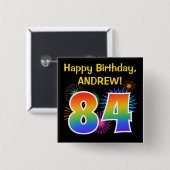 Badge Carré 5 Cm Fun Fireworks + Rainbow Motif "84" Anniversaire # (Devant & derrière)