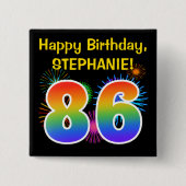 Badge Carré 5 Cm Fun Fireworks + Rainbow Motif "86" Anniversaire # (Devant)