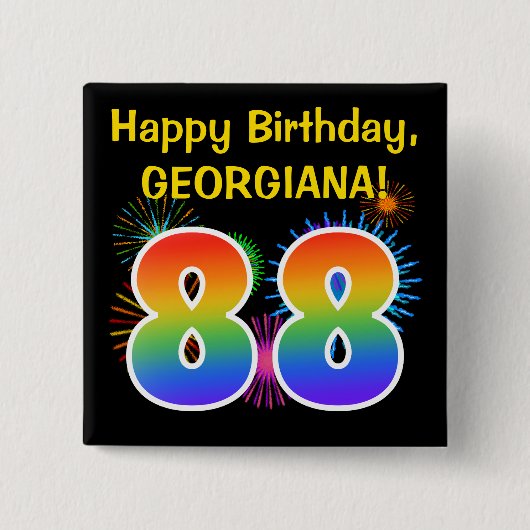 Badge Carré 5 Cm Fun Fireworks + Rainbow Motif "88" Anniversaire # (Devant)