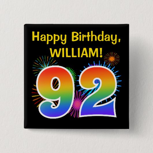 Badge Carré 5 Cm Fun Fireworks + Rainbow Motif "92" Anniversaire # (Devant)