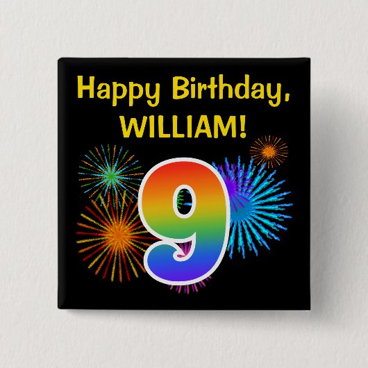 Badge Carré 5 Cm Fun Fireworks + Rainbow Motif "9" Anniversaire # (Devant)