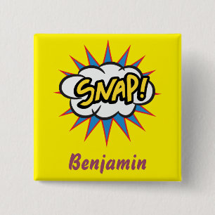 Badge Carré 5 Cm Fun Snap jaune conception de bande dessinée