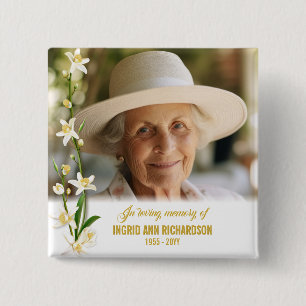 Badge Carré 5 Cm Funérailles de la Lily des Orchidées Blanches