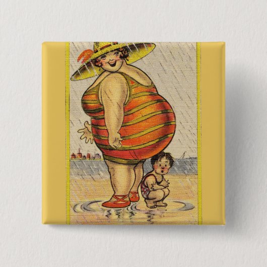 Badge Carré 5 Cm Funny Fat Lady sur la plage (Devant)