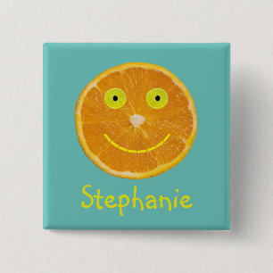 Badge Carré 5 Cm Funny Orange Fruit souriant Visage Enfants Nom
