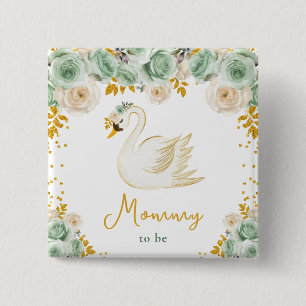 Badge Carré 5 Cm Futur Maman Roses Vert Sauge et Or de Cygne