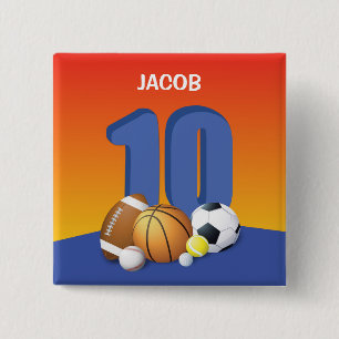 Badge Carré 5 Cm Garçon 10e anniversaire des balles de sport