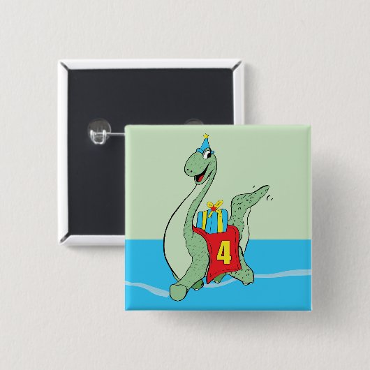 Badge Carré 5 Cm Garçon, 4e anniversaire Dinosaur (Devant & derrière)