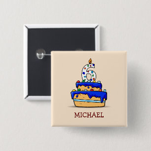 Badge Carré 5 Cm Garçon 6e anniversaire, 6 sur le gâteau bleu suc