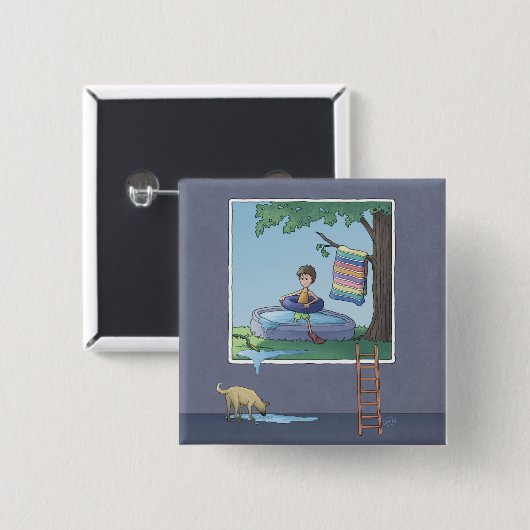 Badge Carré 5 Cm Garçon dans la piscine pour enfants bouton (Devant & derrière)