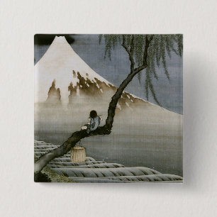 Badge Carré 5 Cm Garçon et Mont Fuji Hokusai Art japonais