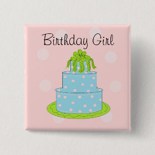 Badge Carré 5 Cm Gâteau bleu avec Anniversaire Fille aux pois