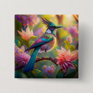 Badge Carré 5 Cm Geai à tête verte, oiseau de fantaisie