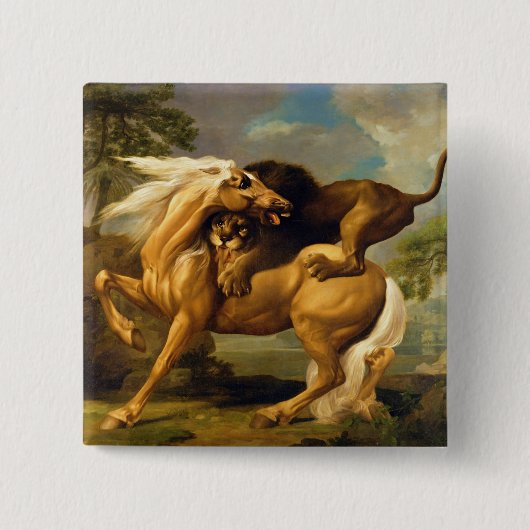 Badge Carré 5 Cm George Stubbs | un lion attaquant un cheval, (Devant)