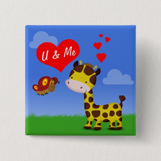 Badge Carré 5 Cm Giraffe et papillon en amour (Devant)