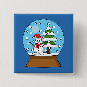 Badge Carré 5 Cm Globe de neige avec Snowman et Pine Tree