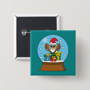 Badge Carré 5 Cm Globe des neiges avec Chouette du Père Noël