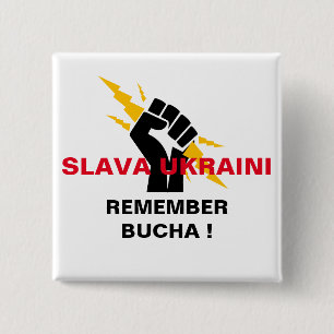 BADGE CARRÉ 5 CM GLOIRE À L'UKRAINE SOUVENEZ-VOUS DE BOUTCHA BOUT