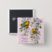 Badge Carré 5 Cm Gold Finch Birds & Apple Tree Pink (Devant & derrière)