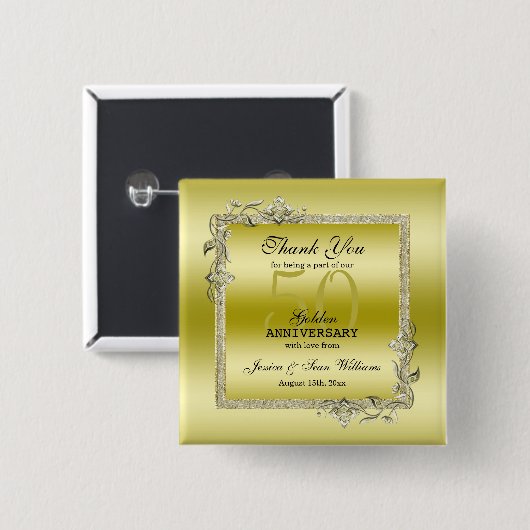 Badge Carré 5 Cm Gold Gem & Parties scintillant 50e Anniversaire du (Devant & derrière)