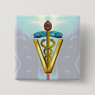 Badge Carré 5 Cm GOLDEN CADUCEUS VETERINARY SYMBOL / Teal White
