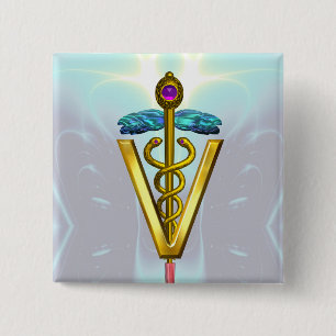 Badge Carré 5 Cm GOLDEN CADUCEUS VETERINARY SYMBOL / Teal White