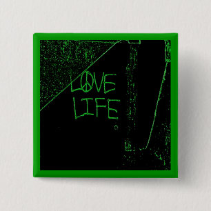 Badge Carré 5 Cm Graffiti "Love Life" Bouton vert néon