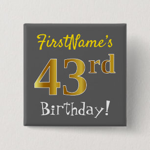 Badge Carré 5 Cm Gray, Faux Gold 43e anniversaire, avec nom personn