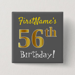 Badge Carré 5 Cm Gray, Faux Gold 56e anniversaire, avec nom personn