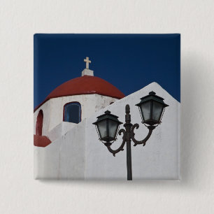 Badge Carré 5 Cm Grèce, Mykonos, Chapelle au dôme rouge et