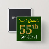Badge Carré 5 Cm Green, Faux Gold 55th Birthday, With Custom (Devant & derrière)