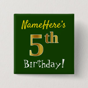 Badge Carré 5 Cm Green, Faux Gold 5th Birthday, With Custom
