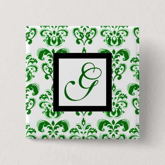 BADGE CARRÉ 5 CM GREEN WHITE DAMASK BLACK SQUARE MONOGRAM (Devant)