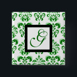 BADGE CARRÉ 5 CM GREEN WHITE DAMASK BLACK SQUARE MONOGRAM<br><div class="desc">Elegant and classy damask design by Bulgan Lumini (c) .</div>