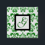 BADGE CARRÉ 5 CM GREEN WHITE DAMASK BLACK SQUARE MONOGRAM<br><div class="desc">Elegant and classy damask design by Bulgan Lumini (c) .</div>