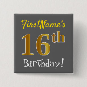 Badge Carré 5 Cm Grey, Faux Gold 16e Anniversaire, Avec Nom Personn