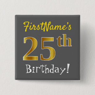 Badge Carré 5 Cm Grey, Faux Gold 25e Anniversaire, Avec Nom Personn