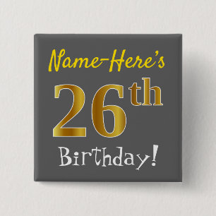 Badge Carré 5 Cm Grey, Faux Gold 26e Anniversaire, Avec Nom Personn