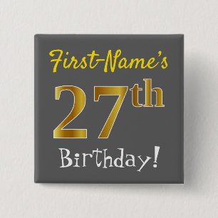 Badge Carré 5 Cm Grey, Faux Gold 27e anniversaire, avec nom personn
