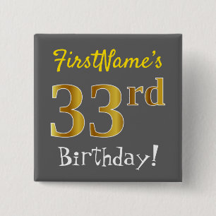 Badge Carré 5 Cm Grey, Faux Gold 33e Anniversaire, Avec Nom Personn