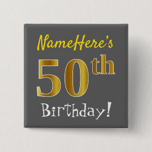 Badge Carré 5 Cm Grey, Faux Gold 50e Anniversaire, Avec Nom Personn