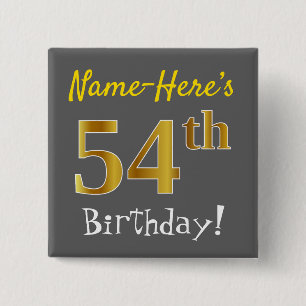 Badge Carré 5 Cm Grey, Faux Gold 54e Anniversaire, Avec Nom Personn