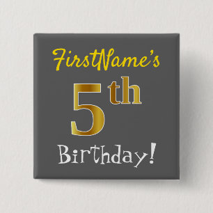 Badge Carré 5 Cm Grey, Faux Gold 5e anniversaire, avec nom personna